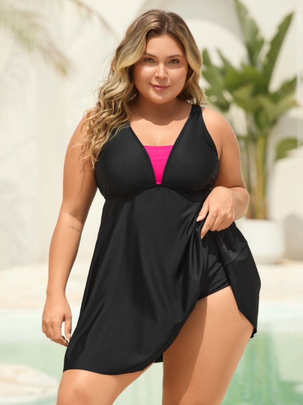 💦BloomChic V-neck Color Contrast Swim Dress 2-piece Black/Fuchsia Pink NWOT💦